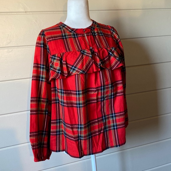 J Crew Ruffle Top Festive Plaid Red Size XS